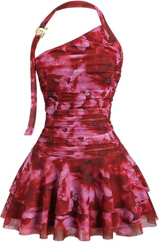 Milumia Women's Floral Mesh Ruched Halter Mini Dress Y2k Ring Linked Ruffle Layered Short Dresses in Saudi Arabia