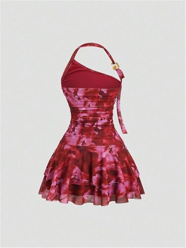 Milumia Women's Floral Mesh Ruched Halter Mini Dress Y2k Ring Linked Ruffle Layered Short Dresses in Saudi Arabia