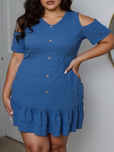 Womens V Neck Short Sleeve Cold Shoulder Plus Size Solid Vacation Casual A-line Dress in Saudi Arabia