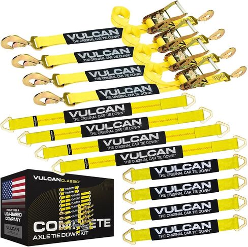 VULCAN Ultimate Axle Tie Down Kit - Classic Yellow - Includes (2) 22 Inch Axle Straps, (2) 36 Inch Axle Straps, (2) 96 Inch Snap Hook Ratchet Straps, and (2) 112 Inch Axle Tie Down Combination Straps in Kuwait