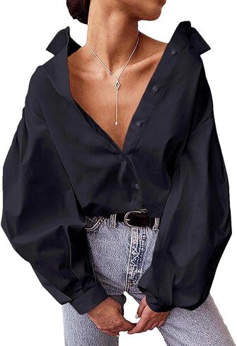 xxxiticat Women's Puff Sleeve Tunic Shirt Casual Vintage Long Sleeve Turn Down Collar Button Down Blouse in Saudi Arabia