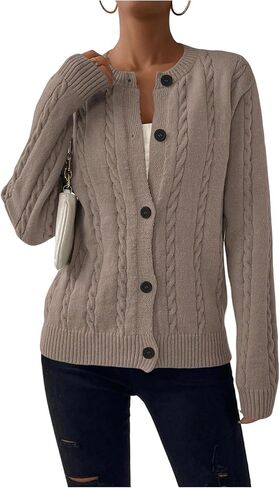 SHENHE Women's Cable Knit Crew Neck Cardigan Button Up Long Sleeve Soft Sweater Outwear in Saudi Arabia