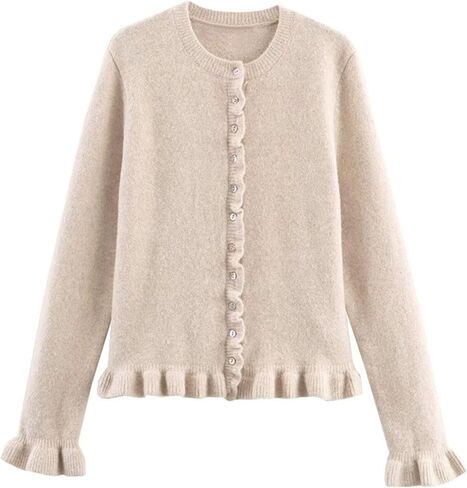 FindThy Women’s Cropped Cardigan Sweater Trendy Crewneck Ruffle Long Sleeve Button Down Knitwear Tops in Saudi Arabia