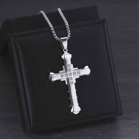 Mens Cross Necklaces, Stainless Steel Cross Pendant Necklace, Pave with Cubic Zirconia Diamond CrossPendant Necklace in Saudi Arabia