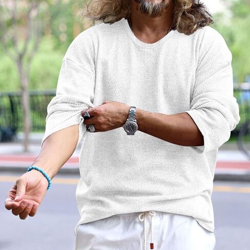 Men's Crew Neck Sweatshirts Waffle Long Sleeve Solid Color Sweaters Fashion Casual Loose Fit Fall Pullover in Saudi Arabia
