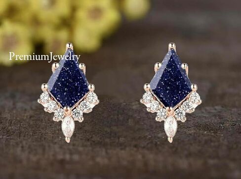 Kite Shaped Blue Sandstone Delicate Studs in 925 Sterling Silver for Women, Bridal Set Earrings, Vintage Set Studs, Unique Earrings, Engagement Studs in Saudi Arabia