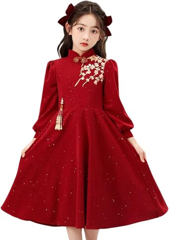 Teen Girls Chinese Cheongsam Qipao Dress Chinese New Year Traditional Hanfu Red Floral Dresses Kids Tang Suit Outfits in Saudi Arabia