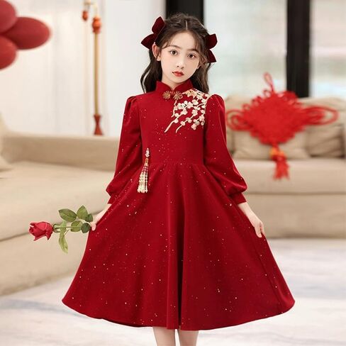 Teen Girls Chinese Cheongsam Qipao Dress Chinese New Year Traditional Hanfu Red Floral Dresses Kids Tang Suit Outfits in Saudi Arabia