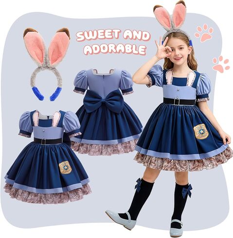 زي موكولا للفتيات جودي برينسز، فستان موحد لضابط الشرطة لطيف على شكل أذن أرنب مع إكسسوارات ملابس حفلات أعياد الميلاد in Kuwait