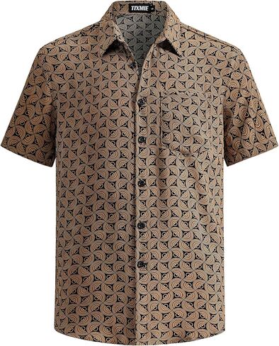 TIXMIE Men's Retro Geometric Pattern Soft Short Sleeve Button Down Casual Vacation Shirt with Pocket in Saudi Arabia
