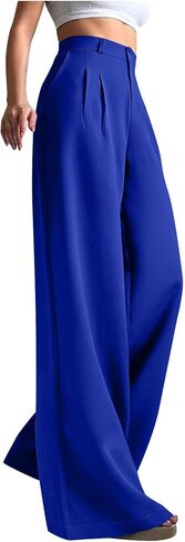 Wide Leg Dress Pants for Women High Waist Casual Pants Stretch Dressy Casual Slacks Solid Color Trouser with Pockets in Saudi Arabia