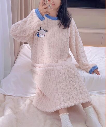 Satdflie Cartoon Fleece Nightgowns Petite Women Girls Long Sleeve Sleepshirts Night Shirts Warm Cozy Sleepwear Pajama Dress in Saudi Arabia