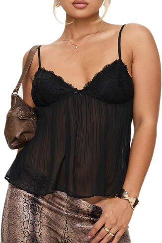 Women Y2K Lace Tank Top Spaghetti Strap See Through Camisole Backless Slim Fit Crop Camis Sexy Going Out Top in Saudi Arabia