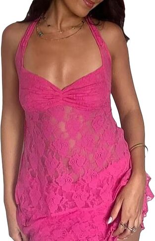 Women Y2K Lace Tank Top Spaghetti Strap See Through Camisole Backless Slim Fit Crop Camis Sexy Going Out Top in Saudi Arabia