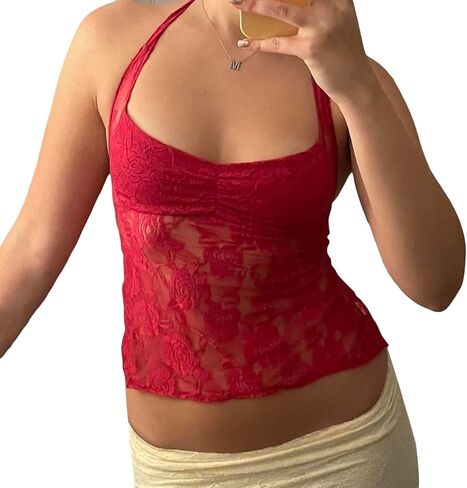 Women Y2K Lace Tank Top Spaghetti Strap See Through Camisole Backless Slim Fit Crop Camis Sexy Going Out Top in Saudi Arabia