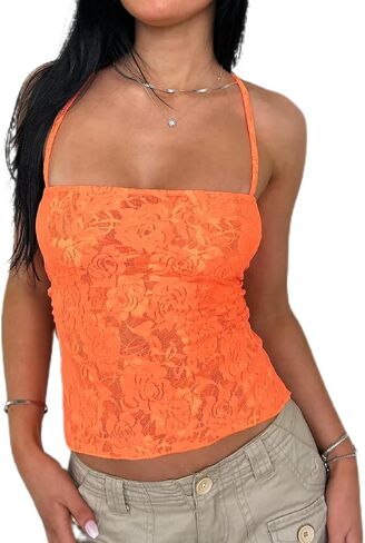 Women Y2K Lace Tank Top Spaghetti Strap See Through Camisole Backless Slim Fit Crop Camis Sexy Going Out Top in Saudi Arabia