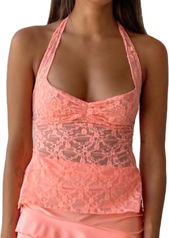 Women Y2K Lace Tank Top Spaghetti Strap See Through Camisole Backless Slim Fit Crop Camis Sexy Going Out Top in Saudi Arabia