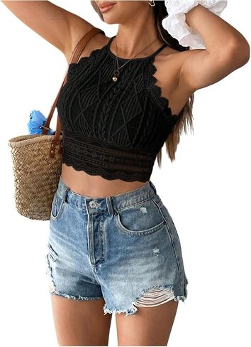 SHENHE Women's Summer Lace Trim Halter Crop Top High Neck Sleeveless Beach Vacation Tank in Saudi Arabia
