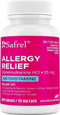 دواء سافريل لتخفيف الحساسية (600 قرص صغير) ديفينهيدرامين حمض الهيدروكلوريك 25 مجم | قارنه بالمكونات النشطة لأقراص Benadryl® المضادة للهيستامين للحساسية | للحساسية الموسمية أو الداخلية والخارجية in Kuwait