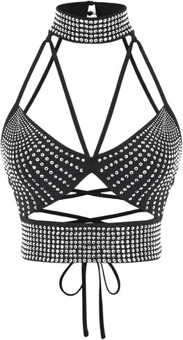 OYOANGLE Women's Rhinestone Beaded Cut Out Camisoles Sleeveless Strappy Backless Party Crop Top Going Out Tops in Saudi Arabia