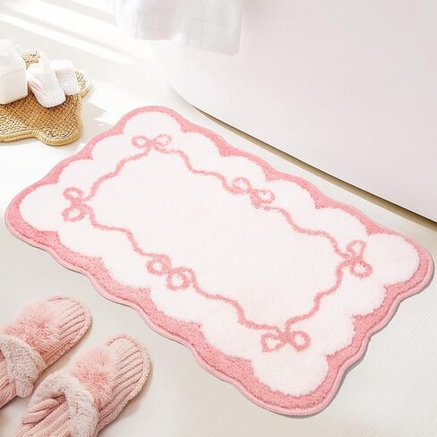 Softania Pink Scalloped Bow Bathroom Rug - Cute Coquette & Preppy Bath Mat for Apartment, Vanity & Dorm, Soft Plush Microfiber Mat, Non-Slip & Washable (32×20 inch) in Saudi Arabia