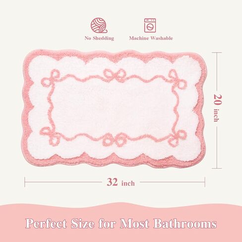 Softania Pink Scalloped Bow Bathroom Rug - Cute Coquette & Preppy Bath Mat for Apartment, Vanity & Dorm, Soft Plush Microfiber Mat, Non-Slip & Washable (32×20 inch) in Saudi Arabia