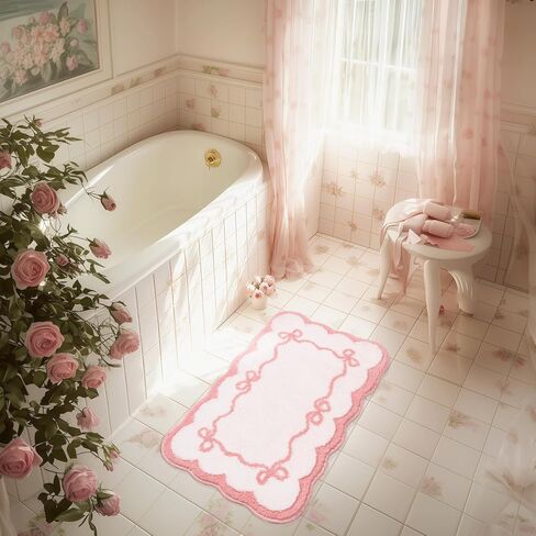 Softania Pink Scalloped Bow Bathroom Rug - Cute Coquette & Preppy Bath Mat for Apartment, Vanity & Dorm, Soft Plush Microfiber Mat, Non-Slip & Washable (32×20 inch) in Saudi Arabia