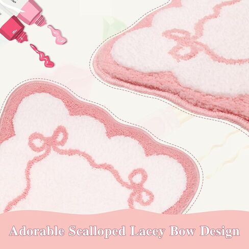 Softania Pink Scalloped Bow Bathroom Rug - Cute Coquette & Preppy Bath Mat for Apartment, Vanity & Dorm, Soft Plush Microfiber Mat, Non-Slip & Washable (32×20 inch) in Saudi Arabia