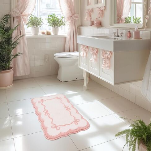 Softania Pink Scalloped Bow Bathroom Rug - Cute Coquette & Preppy Bath Mat for Apartment, Vanity & Dorm, Soft Plush Microfiber Mat, Non-Slip & Washable (32×20 inch) in Saudi Arabia