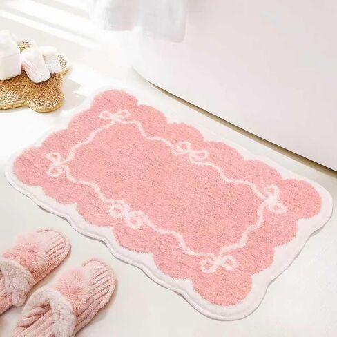 Softania Pink Scalloped Bow Bathroom Rug - Cute Coquette & Preppy Bath Mat for Apartment, Vanity & Dorm, Soft Plush Microfiber Mat, Non-Slip & Washable (32×20 inch) in Saudi Arabia