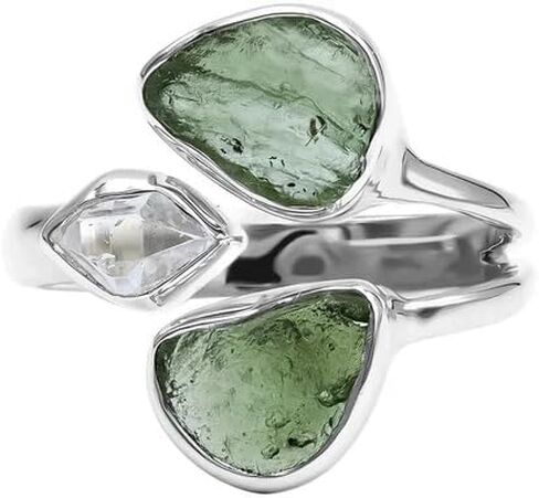 LYRA JEWELS Real Crystal Moldavite Herkimer Diamond Ring Sterling Silver Prong Design Czech Republic Herkimer Moldavite Ring For Women Jewelry ldeal Gift For Her in Saudi Arabia