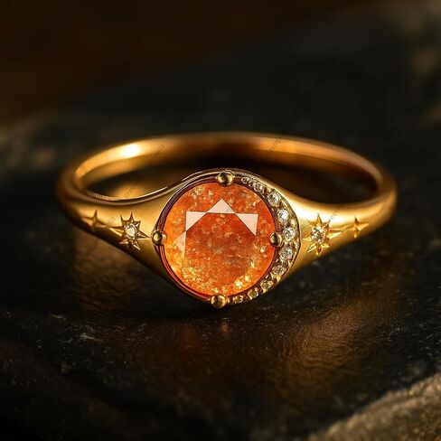 Sunstone Crescent Ring for Women – 18K Gold Plated Vintage Celestial Ring with Star Accents and Natural Sunstone Gemstone – Dainty Astrology-Inspired Jewelry Gift in Saudi Arabia