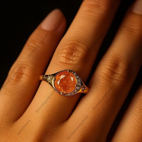 Sunstone Crescent Ring for Women – 18K Gold Plated Vintage Celestial Ring with Star Accents and Natural Sunstone Gemstone – Dainty Astrology-Inspired Jewelry Gift in Saudi Arabia