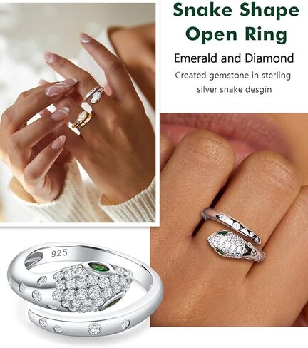 RANDES Fashion Snake Rings for Women Sterling Silver/14K Gold Plated Statement Cocktail Ring Punk Jewelry Adjustable Open Emerald CZ Snake Finger Ring Size 6-10 in Saudi Arabia