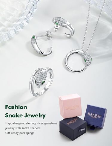 RANDES Fashion Snake Rings for Women Sterling Silver/14K Gold Plated Statement Cocktail Ring Punk Jewelry Adjustable Open Emerald CZ Snake Finger Ring Size 6-10 in Saudi Arabia