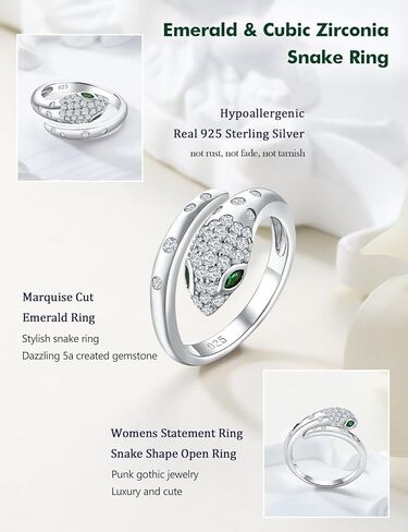 RANDES Fashion Snake Rings for Women Sterling Silver/14K Gold Plated Statement Cocktail Ring Punk Jewelry Adjustable Open Emerald CZ Snake Finger Ring Size 6-10 in Saudi Arabia