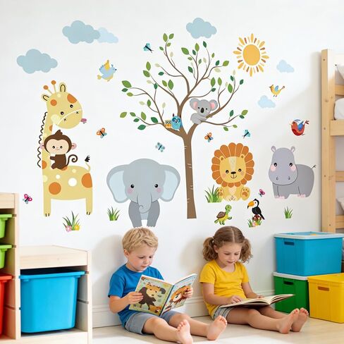 Animal Wall Stickers Decals for Kids: Baby Room Nursery Decor with Jungle Safari Theme Peel and Stick Removable Vinyl - Ages 0-12 Years in Saudi Arabia