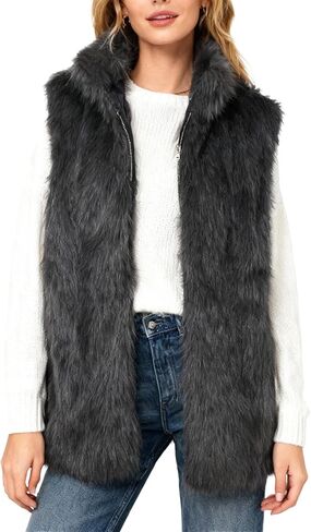 Amazhiyu Women's Faux Fur Zip Up Vest Stand Collar Sleeveless Jacket with Pocket in Saudi Arabia