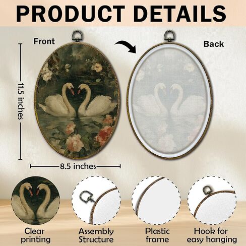 XFCICRLJ Vintage Romantic Swan Couple Wall Art Decor, Moody Antique Elegant Swan Flower Oval Canvas Prints Framed, Dark Cottagecore Wall Art Decorations for Home Bedroom Living Room Decor, 11x8.5 Inch in Saudi Arabia