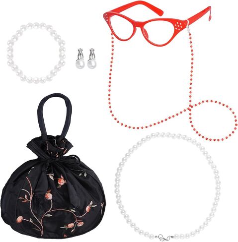 phnydreg 6 Pcs Old Lady Costume Including Glasses with Chain Jewelry Necklace Bracelet Earring Clips Flower Handbag in Saudi Arabia