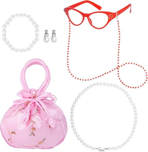 phnydreg 6 Pcs Old Lady Costume Including Glasses with Chain Jewelry Necklace Bracelet Earring Clips Flower Handbag in Saudi Arabia