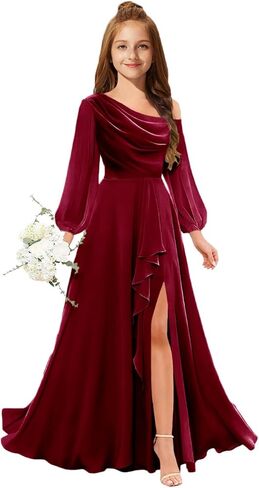 MRHUSH Junior Bridesmaid Dresses One Shoulder Flower Girl Dress Long Sleeve Chiffon Ruffle Girls Formal Prom Gowns with Slit in Saudi Arabia