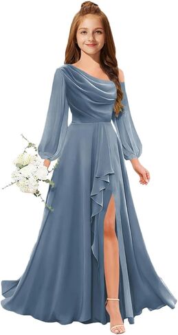 MRHUSH Junior Bridesmaid Dresses One Shoulder Flower Girl Dress Long Sleeve Chiffon Ruffle Girls Formal Prom Gowns with Slit in Saudi Arabia