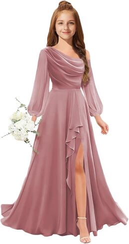 MRHUSH Junior Bridesmaid Dresses One Shoulder Flower Girl Dress Long Sleeve Chiffon Ruffle Girls Formal Prom Gowns with Slit in Saudi Arabia