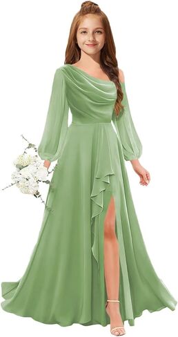 MRHUSH Junior Bridesmaid Dresses One Shoulder Flower Girl Dress Long Sleeve Chiffon Ruffle Girls Formal Prom Gowns with Slit in Saudi Arabia