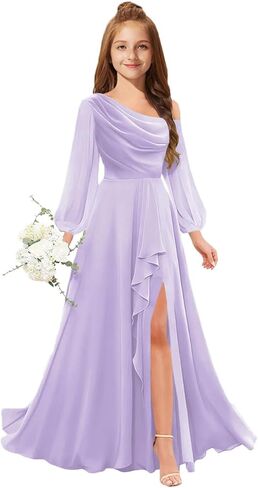 MRHUSH Junior Bridesmaid Dresses One Shoulder Flower Girl Dress Long Sleeve Chiffon Ruffle Girls Formal Prom Gowns with Slit in Saudi Arabia