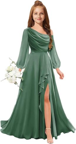 MRHUSH Junior Bridesmaid Dresses One Shoulder Flower Girl Dress Long Sleeve Chiffon Ruffle Girls Formal Prom Gowns with Slit in Saudi Arabia