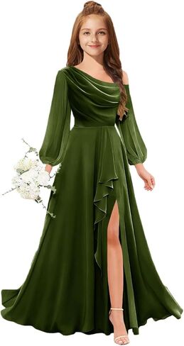 MRHUSH Junior Bridesmaid Dresses One Shoulder Flower Girl Dress Long Sleeve Chiffon Ruffle Girls Formal Prom Gowns with Slit in Saudi Arabia