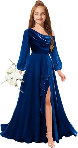 MRHUSH Junior Bridesmaid Dresses One Shoulder Flower Girl Dress Long Sleeve Chiffon Ruffle Girls Formal Prom Gowns with Slit in Saudi Arabia