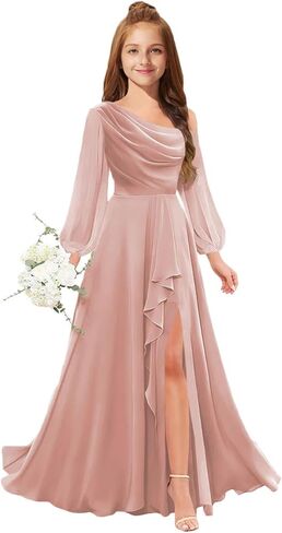MRHUSH Junior Bridesmaid Dresses One Shoulder Flower Girl Dress Long Sleeve Chiffon Ruffle Girls Formal Prom Gowns with Slit in Saudi Arabia